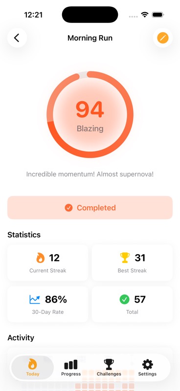 Habit detail showing Blazing momentum at 90