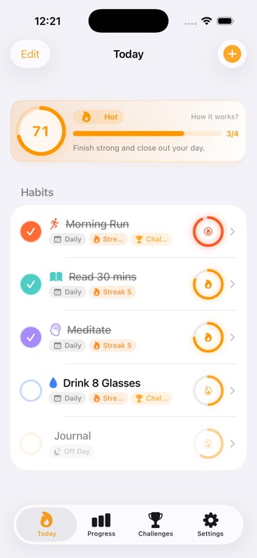 Forged app showing daily habits with momentum rings